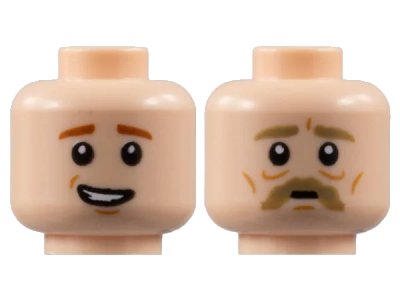 LEGO onderdeel Minifigure, Head Dual Sided Dark Tan Thick Eyebrows and Moustache, Nougat Cheek Lines / Dark Orange Eyebrows, Worried Smile Pattern - Hollow Stud (3626pb3049)
