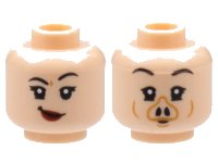 LEGO onderdeel Minifigure, Head Dual Sided Female, Black Eyebrows, Lopsided Grin with Dark Red Lips / Pig Snout Pattern - Hollow Stud 3626pb3057