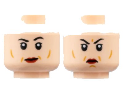 LEGO onderdeel Minifigure, Head Dual Sided Female Black Eyebrows, Dark Red Lips, Medium Nougat Contour Lines, Small Smile / Scowl Pattern - Hollow Stud (3626pb3111)