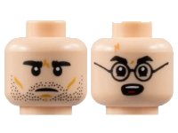 LEGO onderdeel Minifigure, Head Dual Sided, Black Eyebrows, Neutral with Stubble / Surprised with Black Glasses and Lightning Scar Pattern - Hollow Stud 3626pb3117