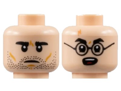 LEGO onderdeel Minifigure, Head Dual Sided, Black Eyebrows, Neutral with Stubble / Surprised with Black Glasses and Lightning Scar Pattern - Hollow Stud (3626pb3117)