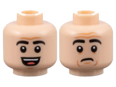 LEGO onderdeel Minifigure, Head Dual Sided Black Eyebrows, Medium Nougat Contour Lines, Open Mouth Smile with Teeth and Tongue / Worried Pattern - Hollow Stud (3626pb3126)
