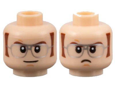 LEGO onderdeel Minifigure, Head Dual Sided Reddish Brown Eyebrows and Sideburns, Silver Glasses, Slight Grin / Scowl Pattern - Hollow Stud (3626pb3131)