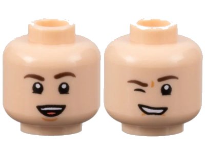 LEGO onderdeel Minifigure, Head Dual Sided Dark Brown Eyebrows, Nougat Dimples, Open Mouth Smile with Teeth and Tongue / Wink Right Pattern - Hollow Stud (3626pb3289)
