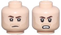 LEGO part Minifigure, Head Dual Sided Dark Brown Eyebrows, Upper Eyelids, Medium Nougat Stubble, Frown / Angry Open Mouth Scowl with Teeth Pattern - Vented Stud 3626pb3646