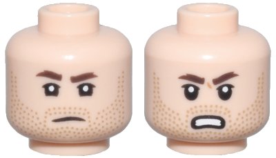 LEGO onderdeel Minifigure, Head Dual Sided Dark Brown Eyebrows, Upper Eyelids, Medium Nougat Stubble, Frown / Angry Open Mouth Scowl with Teeth Pattern - Vented Stud (3626pb3646)