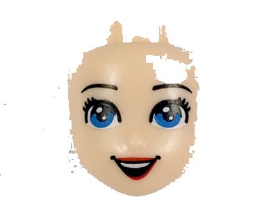 LEGO onderdeel Mini Doll, Head Friends with Black Eyebrows, Eyelashes, Medium Blue Eyes, Red Lips, and Open Mouth Smile with Top Teeth Pattern (36307)