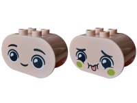 LEGO part Duplo, Brick 2 x 4 x 2 Rounded Ends with Faces with Black Eyebrows, Lime Cheeks, Closed Mouth Smile / Coral Tongue Sticking Out Pattern 4198pb67