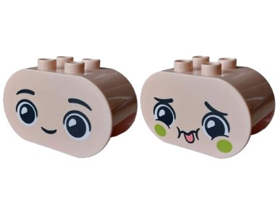 LEGO onderdeel Duplo, Brick 2 x 4 x 2 Rounded Ends with Faces with Black Eyebrows, Lime Cheeks, Closed Mouth Smile / Coral Tongue Sticking Out Pattern (4198pb67)