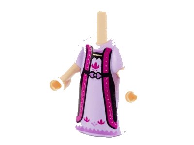 LEGO onderdeel Micro Doll, Body with Molded Lavender Dress and Printed Magenta Flowers and Trim, Gold Dots, Black Strap, Medium Lavender Hem and Neck Pattern (65203pb008)