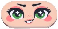 LEGO part Tile, Round 2 x 4 Oval with Face, Black Eyebrows and Eyelashes, Green Eyes, Coral Eye Shadow, Cheeks and Lips, Open Mouth Smile Pattern (Rapunzel) 66857pb117