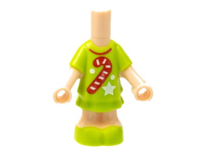 LEGO part Micro Doll, Body with Molded Lime Short Layered Dress and Shoes and Printed Red Candy Cane and Collar, White Star and Dots Pattern (69969pb06)