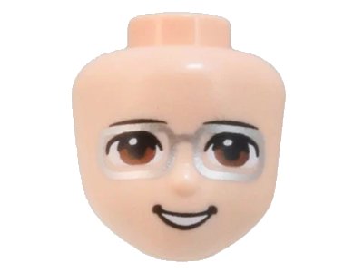 LEGO onderdeel Mini Doll, Head Friends Male with Black Eyebrows, Reddish Brown Eyes, Silver Glasses, Open Mouth Smile with Teeth Pattern (75495)