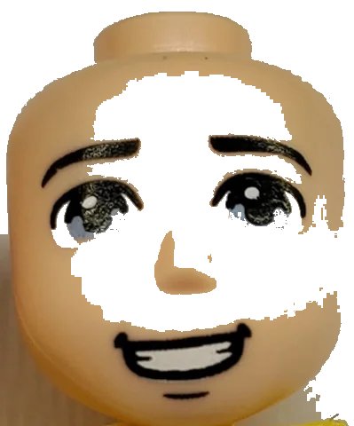 LEGO onderdeel Mini Doll, Head Friends Male Large with Bright Light Blue Eyes, Black Eyebrows Curved at Ends, Open Mouth Smile, and Chin Dimple Pattern (75741)