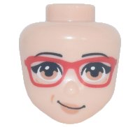 LEGO part Mini Doll, Head Friends with Glasses with Red Frame, Black Eyebrows, Medium Nougat Eyes and Lips with Lopsided Smile Pattern 84083