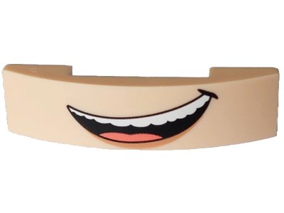 LEGO part Slope, Curved 4 x 1 x 2/3 Double with Black Lopsided Open Mouth Smile with Top Teeth and Coral Tongue Pattern (93273pb217)