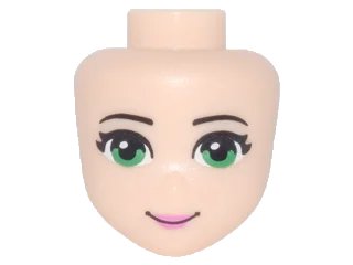 LEGO onderdeel Mini Doll, Head Friends with Thin Black Eyebrows, Green Eyes, Dark Pink Lips, and Closed Mouth Smile Pattern (98704)