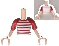 LEGO onderdeel Torso Mini Doll Boy White T-Shirt with Red and White Stripes Pattern, Light Nougat Arms with Hands with Red Short Sleeves FTBpb009c01