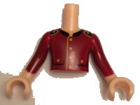 LEGO part Torso Mini Doll Boy Dark Red Jacket, 2 Pockets, Gold Buttons and Black Collar Pattern, Light Nougat Arms with Hands with Dark Red Sleeves FTBpb013c01
