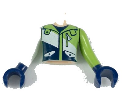 LEGO onderdeel Torso Mini Doll Boy Lime, White, and Dark Blue Jacket Pattern, Lime Arm with Dark Blue Hand Left, White Arm with Dark Blue Hand Right (FTBpb032c01)