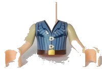 LEGO onderdeel Torso Mini Doll Boy Sand Blue Vest with Gold Fasteners and Belt Buckle Pattern, Light Nougat Arms with Hands with Tan Short Sleeves FTBpb035c01