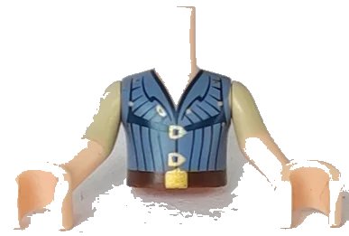 LEGO onderdeel Torso Mini Doll Boy Sand Blue Vest with Gold Fasteners and Belt Buckle Pattern, Light Nougat Arms with Hands with Tan Short Sleeves (FTBpb035c01)