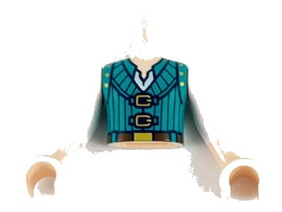 LEGO onderdeel Torso Mini Doll Boy Dark Turquoise Vest with Black Pinstripes, Gold Buckles Pattern, Light Nougat Arms with Hands with White Sleeves (FTBpb049c01)