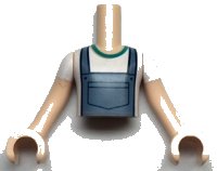 LEGO onderdeel Torso Mini Doll Boy Sand Blue Overalls over White T-Shirt Pattern, Light Nougat Arms with Hands with White Short Sleeves FTBpb060c01