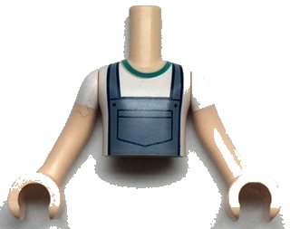 LEGO part Torso Mini Doll Boy Sand Blue Overalls over White T-Shirt Pattern, Light Nougat Arms with Hands with White Short Sleeves (FTBpb060c01)