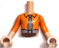 LEGO part Torso Mini Doll Boy Orange Shirt with Collar, Belt with Black Buckle, Light Bluish Gray and Dark Bluish Gray Striped Tie Pattern, Light Nougat Arms with Hands with Orange Sleeves FTBpb119c01