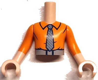 LEGO onderdeel Torso Mini Doll Boy Orange Shirt with Collar, Belt with Black Buckle, Light Bluish Gray and Dark Bluish Gray Striped Tie Pattern, Light Nougat Arms with Hands with Orange Sleeves (FTBpb119c01)