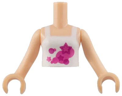 LEGO onderdeel Torso Mini Doll Girl White Halter Top with Dark Pink and Magenta Circles and Stars Pattern, Light Nougat Arms with Hands (FTGpb002c01)