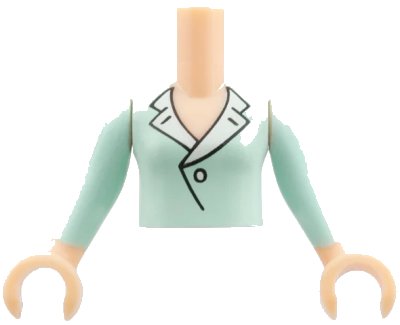 LEGO onderdeel Torso Mini Doll Girl Light Aqua Blouse Top with White Lapels and Button Pattern, Light Nougat Arms with Hands with Light Aqua Long Sleeves (FTGpb013c01)