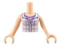 LEGO onderdeel Torso Mini Doll Girl White Plaid Button Top Sleeveless with Open Collar over Lavender Shirt Pattern, Light Nougat Arms with Hands FTGpb047c01