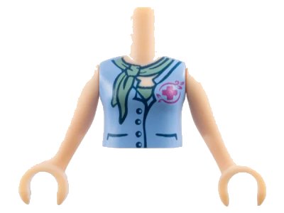 LEGO onderdeel Torso Mini Doll Girl Medium Blue Blouse Top with Magenta Cross Logo over Sand Green Shirt and Sand Green Scarf Pattern, Light Nougat Arms with Hands (FTGpb055c01)