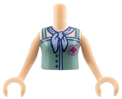 LEGO onderdeel Torso Mini Doll Girl Sand Green Top with Magenta Cross Logo and Lavender Scarf Pattern, Light Nougat Arms with Hands (FTGpb056c01)