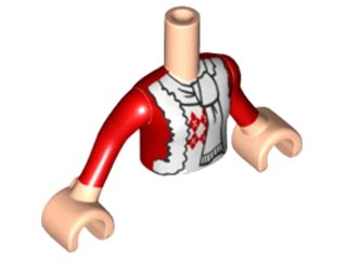 LEGO onderdeel Torso Mini Doll Girl Red Holiday Jacket with White Trim, Argyle Sweater and White Scarf Pattern, Light Nougat Arms with Hands with Red Sleeves (FTGpb057c01)