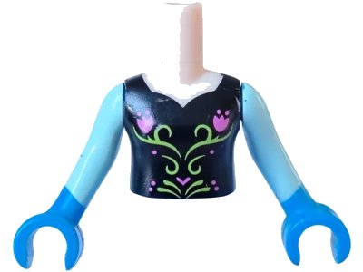 LEGO onderdeel Torso Mini Doll Girl Black Top with Flower Pattern, Light Aqua Sleeves and Dark Azure Gloves (FTGpb058c01)