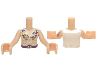 LEGO onderdeel Torso Mini Doll Girl White Top with Dark Purple, Gold Belt, Butterfly Pattern, Light Nougat Arms with Hands with Dark Purple Elves Tattoo Left (FTGpb065c01)