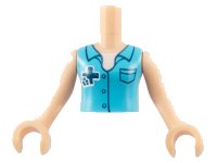 LEGO part Torso Mini Doll Girl Medium Azure Blouse Top with Dark Blue Cross Logo and Animal Paw over White Shirt Pattern, Light Nougat Arms with Hands FTGpb070c01