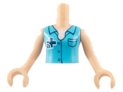 LEGO onderdeel Torso Mini Doll Girl Medium Azure Blouse Top with Dark Blue Cross Logo and Animal Paw over White Shirt Pattern, Light Nougat Arms with Hands (FTGpb070c01)