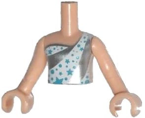 LEGO onderdeel Torso Mini Doll Girl White and Silver Sleeveless One Strap Top with Medium Azure Stars and Circles Pattern, Light Nougat Arms with Hands (FTGpb084c01)