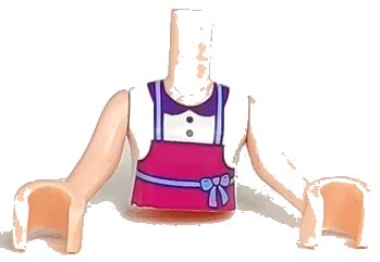 LEGO onderdeel Torso Mini Doll Girl White Blouse Top with Dark Purple Collar and Buttons, Magenta Apron Pattern, Light Nougat Arms with Hands (FTGpb086c01)