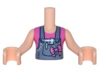 LEGO part Torso Mini Doll Girl Sand Blue Overalls with Ruler and Pen in Pocket over Dark Pink Sleeveless Shirt, Bow Pattern, Light Nougat Arms with Hands FTGpb104c01
