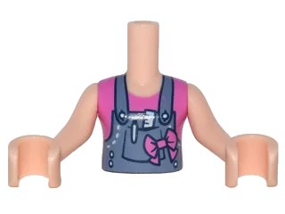 LEGO onderdeel Torso Mini Doll Girl Sand Blue Overalls with Ruler and Pen in Pocket over Dark Pink Sleeveless Shirt, Bow Pattern, Light Nougat Arms with Hands (FTGpb104c01)