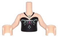 LEGO part Torso Mini Doll Girl Black Strapless Top with Sand Green and Magenta Design, Leaf Pendant Necklace Pattern, Light Nougat Arms with Hands FTGpb117c01