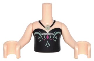 LEGO onderdeel Torso Mini Doll Girl Black Strapless Top with Sand Green and Magenta Design, Leaf Pendant Necklace Pattern, Light Nougat Arms with Hands (FTGpb117c01)