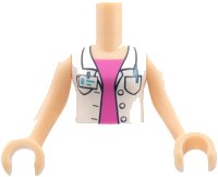 LEGO part Torso Mini Doll Girl White Blouse Top with ID Card over Bright Pink Shirt Pattern, Light Nougat Arms with Hands FTGpb151c01