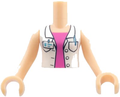 LEGO onderdeel Torso Mini Doll Girl White Blouse Top with ID Card over Bright Pink Shirt Pattern, Light Nougat Arms with Hands (FTGpb151c01)