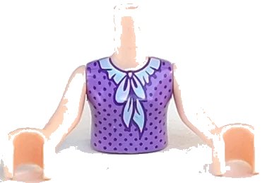LEGO onderdeel Torso Mini Doll Girl Medium Lavender Blouse Top with Dark Purple Dots and Light Aqua Ruffled Collar Pattern, Light Nougat Arms with Hands (FTGpb174c01)